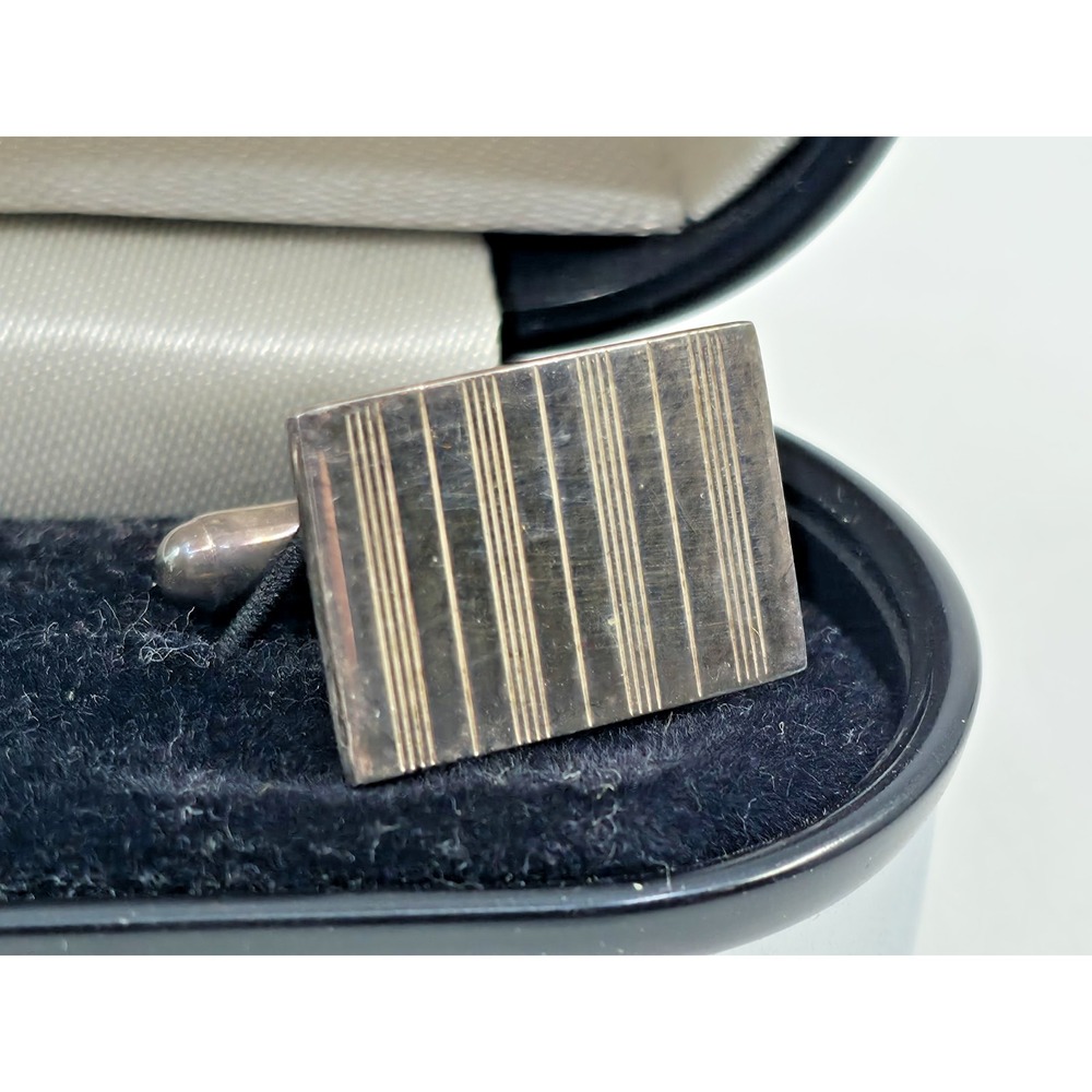 Vintage Stafford Sterling Rectangular Etched Bullet Back Cufflinks w/Metal Box - Picture 2 of 3